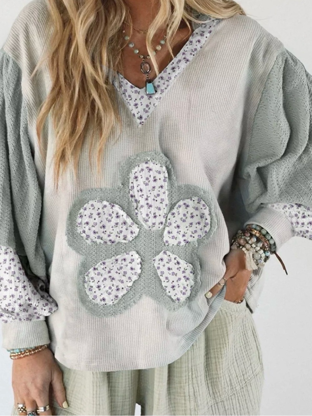 POL Floral Patchwork V-Neck Sweater in Sage Green Waffle Texture Hooded